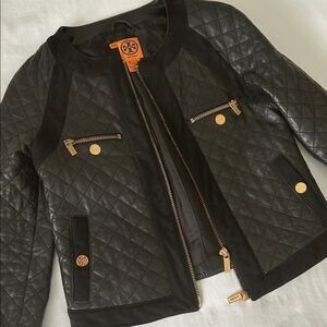 Tory Burch Quilted Leather Jacket with Gold and Suede Accents 4